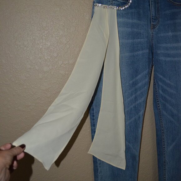 Sz 4 Hellessy Silk Cream Tie Sash Jewel Detail Denim Blue Jeans - Picture 8 of 11